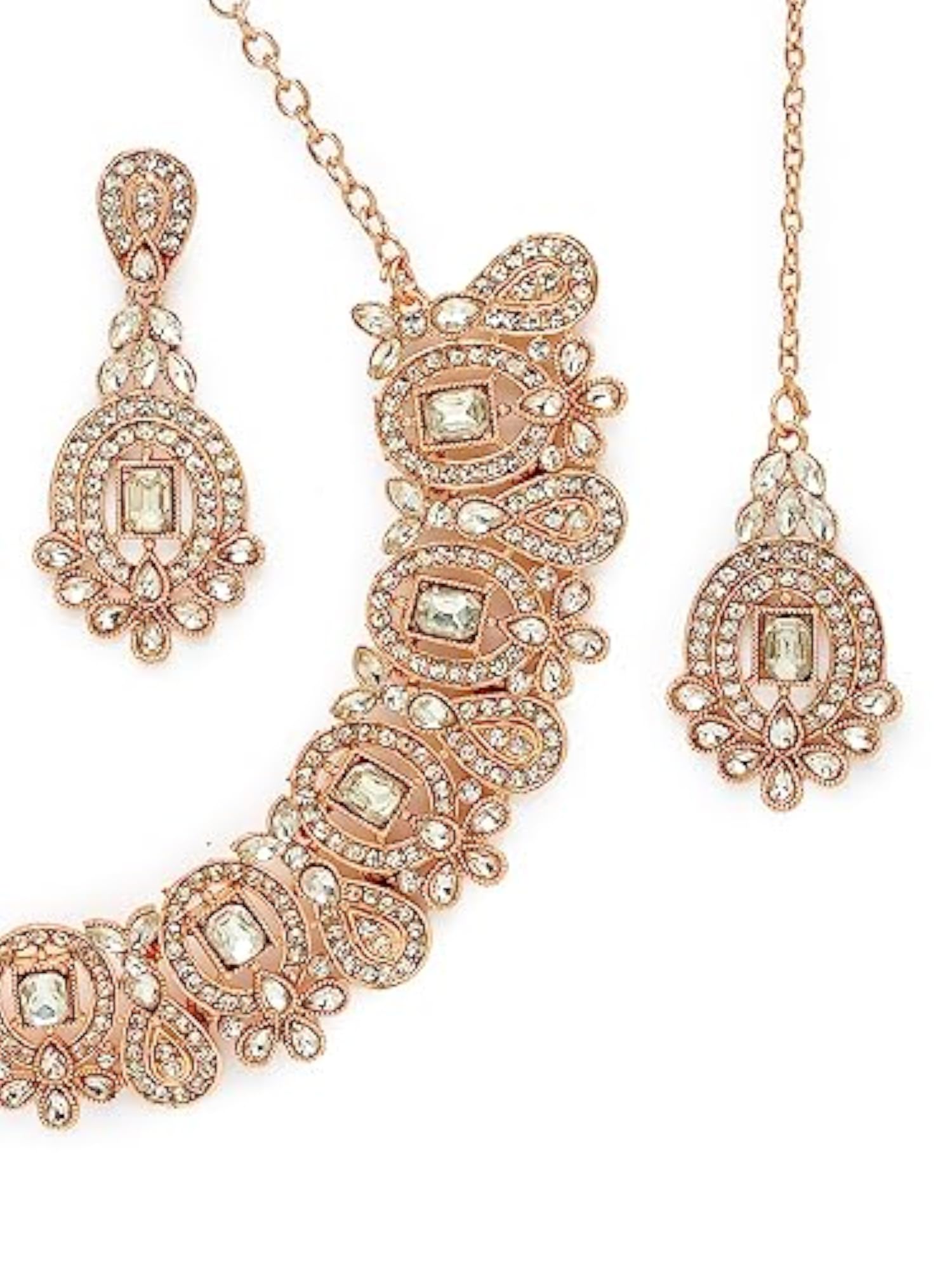 Plated AD Stone Collar Bone Necklace Set With Earring And Maangtika Set