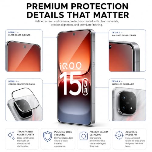 Image of FIRST MART Tempered Glass & Camera Lens for IQOO 15 With Edge to Edge Coverage, Case Friendly, Camera Metal Alloy Rings & Easy Installation Kit | Silver, Ultrasonic Fingerprint Working