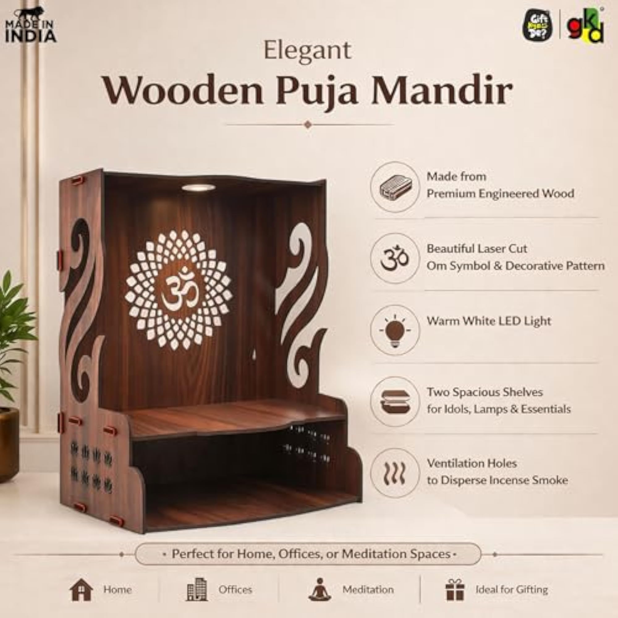 Wooden Pooja Mandir for Home Wall, Compact DIY Mandir