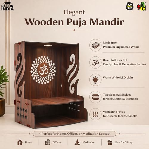 Image of Gift Kya De Wooden Temple for Home Pooja with LED Light | Swan Design Mandir for Wall /Table Top | Home Temple with Om Carving | Pooja Mandir for Living Room, Office Decor (15 x 12 x 9 Inch, Brown)