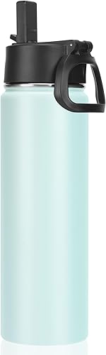 Miniatura 13 de Neihepal Botella de agua aislada de 22 onzas con tapa con popote, botellas de agua de acero inoxidable al vacío de doble pared a prueba de fugas,