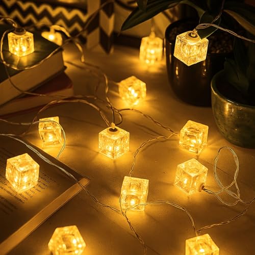 Image of MPROW Yellow Color Ice Cube LED String Lights, 20 LED Crystal Cube Fairy Lights, Decorative Hanging Lights for Bedroom, Diwali, Christmas, Wedding, and Party Decor