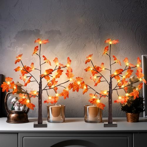 EEW 2FT Lighted Maple Tree, Artificial Tabletop Lamp with Timer, Warm White Pre-lit LED Fall Maple Tree USB/Battery Operated for Indoor Outdoor, Electric Lights for Christmas Tree