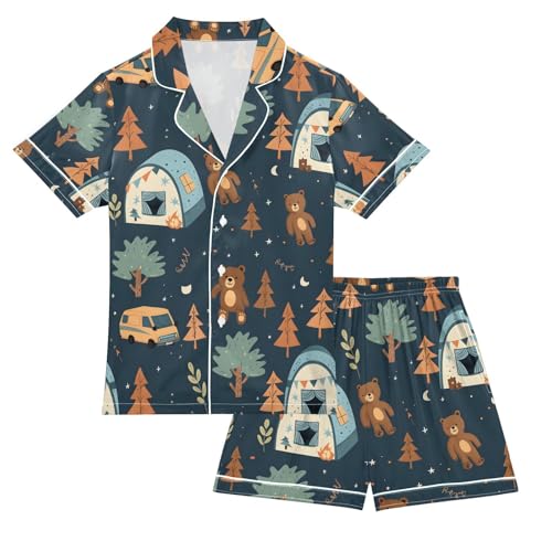 ALAZA Fashion Bear Tree Moon Pajamas Satin Pajama Set Short Sleeve Button Down Sleepwear