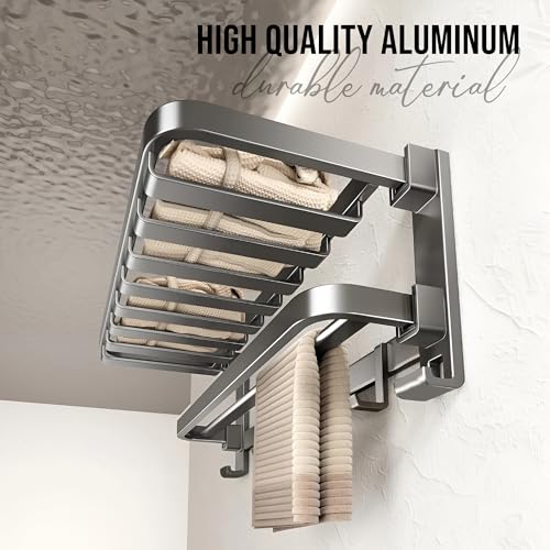 Image of iBELL 59 cm (23.2-Inch) Stainless Steel Folding Bathroom Towel Holder | Towel Rack for BathroomTowel Stand with Shelf - Matt Black | Corrosion Resistant, Anti-Peel and Scratch Resistant |