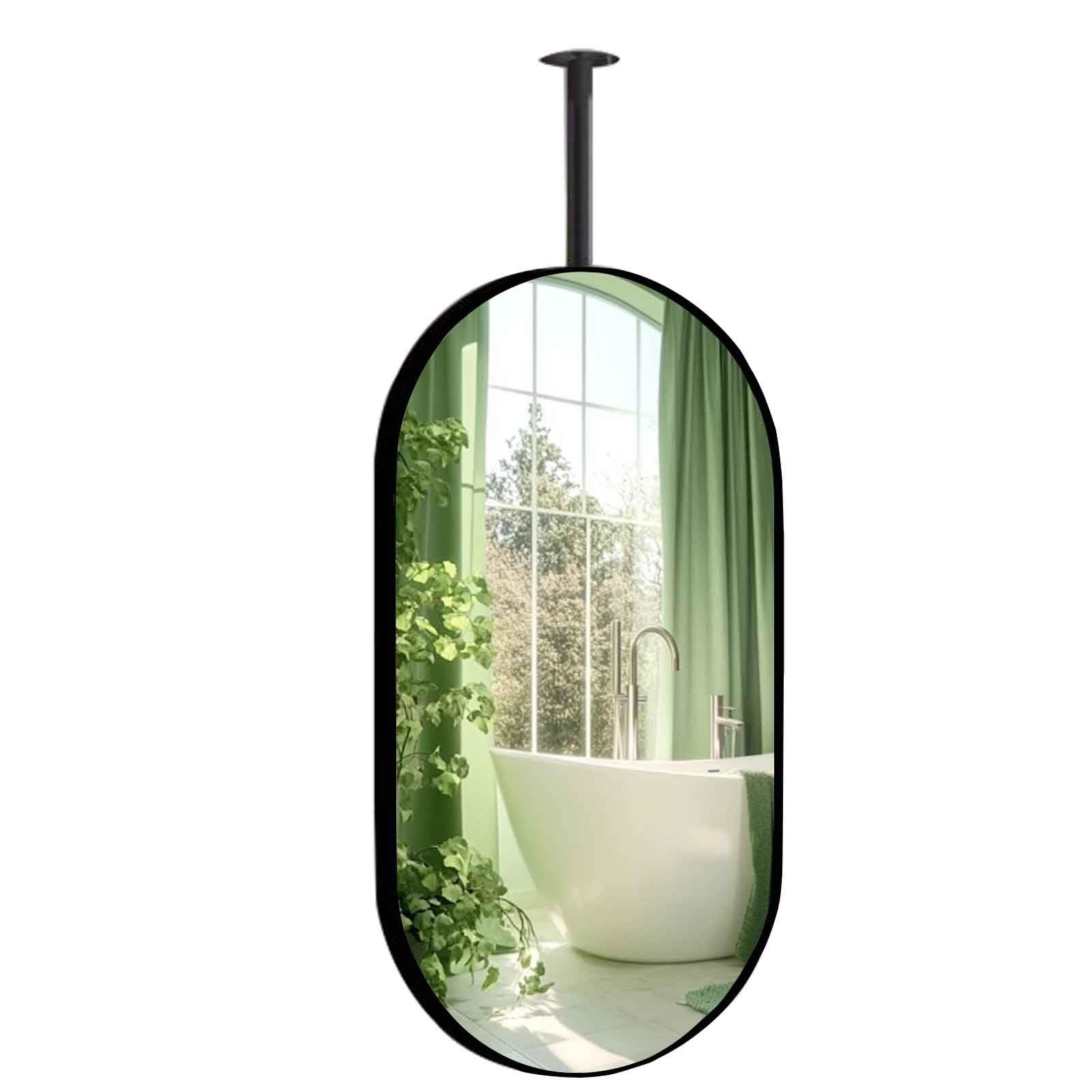 BKSXSOP Oval Ceiling Mounted Mirror 16″x24″/20″x35″/20″x39″/24″x35″/24″x39″ Suspended Corridor Bathroom Black Metal Pole Mirror(60cmx90cm)
