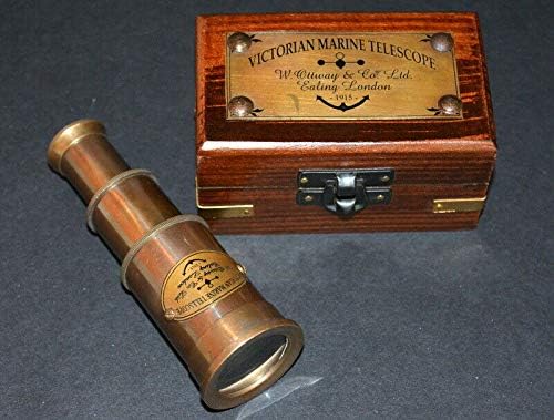 PIRU 6" Nautical Marine Leather Stitched Solid Brass Spyglass/Telescope in Wooden Box