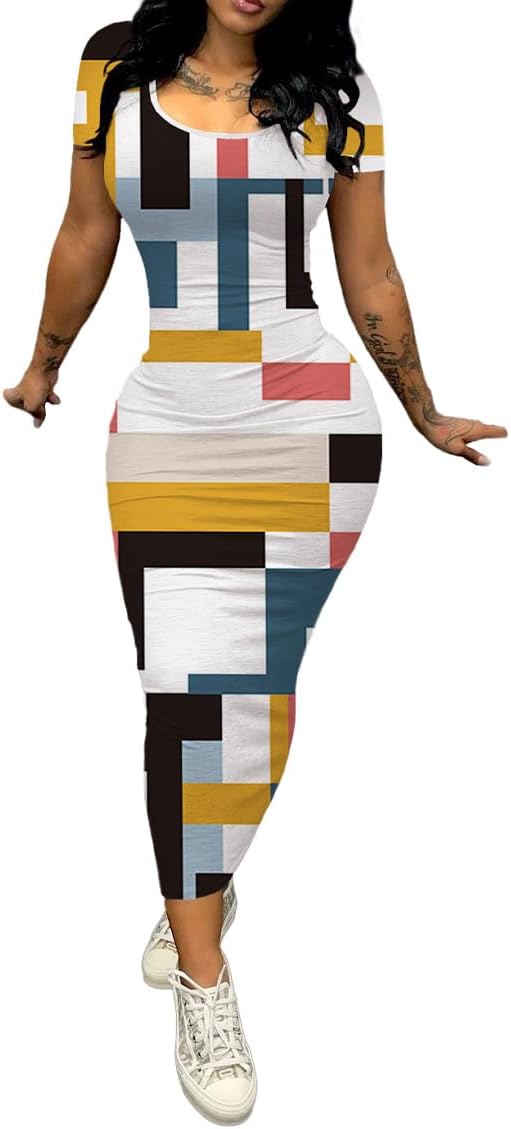 PINSV Women's Casual Bodycon Maxi Dress Summer Scoop Neck Short Sleeve Long Fitted Dresses Club Party - Image 2