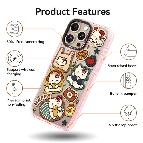 Coque iPhone 16 Pro antichoc 2 m résistante rose pailleté chat