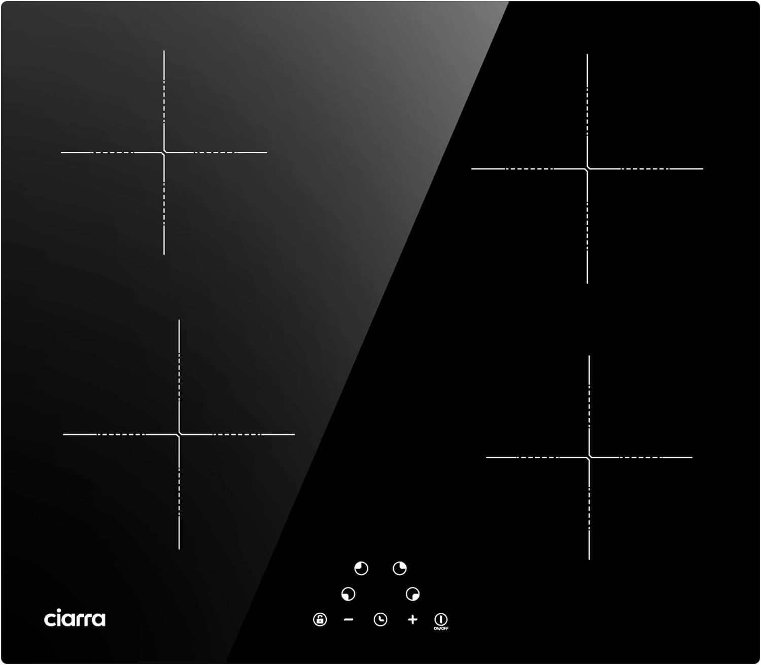 CIARRA CABBIH4 Placa Inducción Integrada 4 Fuegos 7200W Control de Táctil Inducción Vitrocerámica 9 Niveles de Potencia Funciones de Seguridad Negro