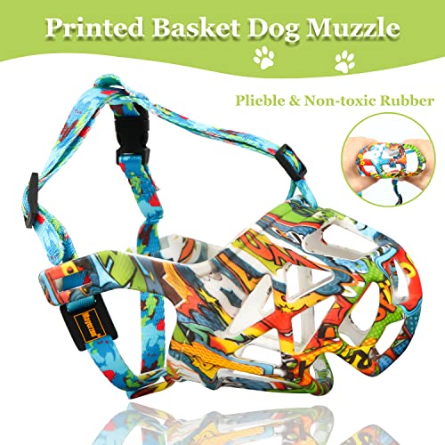 Image of Dog Muzzle, Printed Basket Muzzle for Small Medium Large Dogs Dachshund, Beagle, German Shepherd, Breathable Pet Muzzles to Prevent Biting Chewing Scavenging, Allows Panting and Drinking
