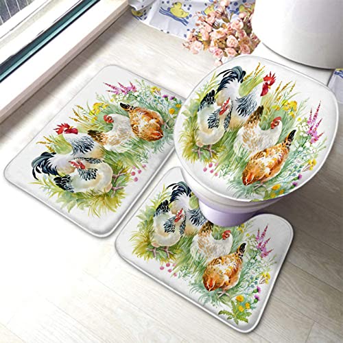Badezimmerteppich-Set, 3-teilig, Huhn und Hahn im Gras, waschbare Badeteppiche, rutschfest, mit Rückenpolster, Konturteppich und Toilettendeckelbezug