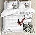 Ambesonne East Duvet Cover Set, River Scenery Cherry Blossoms Boat Cultural Hints View, Decorative 3 Piece Bedding Set with 2 Pillow Shams, Queen Size, Ruby Grey