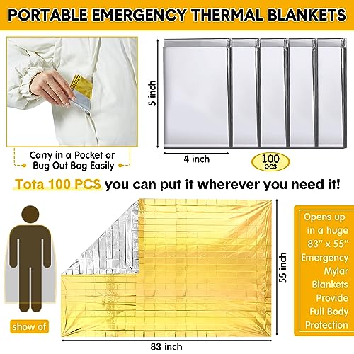 Copkim 100 Pack Emergency Foil Thermal Blanket Bulk 83 x 55'' Waterproof Space Blanket First Aid Survival Blanket for Outdoors, Camping, Hiking, Homeless, First Aid, 50 Pc Silver 50 Pc Gold Silver - Image 3