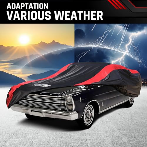 Image of Car Cover Custom Fit for Ford Galaxie 500 / Starliner 1960-1974 | Red Strip Design, Cotton Liner for Paint Protection, Sun Rain Snow UV Proof, Door Zipper, Windproof Buckle, Storage Bag