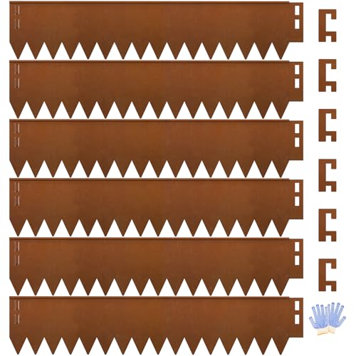 Gabviem Natural Rust Cor Ten Steel Landscape Edging 20FT Kit (6-Pack) with Gloves - 10 Inch Weathering Metal Garden Border with Rounded Edge for Elegant, Low-Upkeep Borders