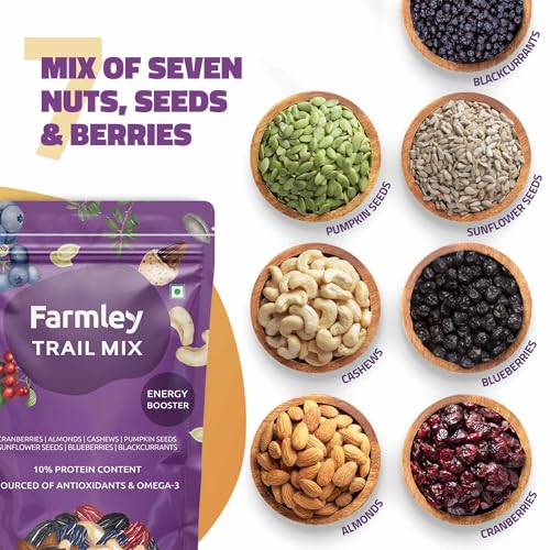 Image of Farmley Trail Mix,160g,each | 7 Superfood in 1 Mixes | Dry Fruits Contains Almonds, Cashews, Blueberries, Blackcurrant, Pumpkin & Sunflower Seeds Pack of 2
