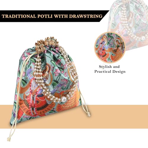 Image of Kuber Industries 2 Pcs Potli Bag For Women & Girls With Pearl Handles | 8x9 Inch Gifting Handbag /Purse - Ideal For Party, Wedding & Events | Radha Krishna Print - Peach & Green