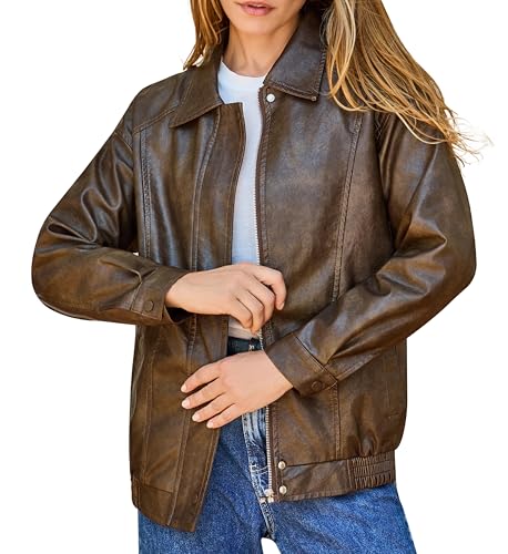 Women's Plus Oversized Faux Leather Bomber Jacket, Street Style Casual Zip Up Coat - Size Runs Larger
