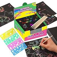 JurciCat 200 Stück Kratzbilder für Kinder, Blätter Regenbogen Kratzpapier mit 4 Holzstifte and 4 Malschablonen Für Kinder Kratzbild Set zum Zeichnen und Basteln DIY Lustige Spiele (8.5 * 8.5 cm)