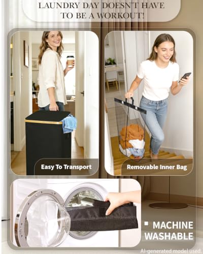 Image of Laundry Hamper with Wheels, 110L Large Clothes Hamper with Removable Inner Bag, Collapsible Dirty Clothes Basket for Dorm, Rolling Dirty Clothes Basket for, Bedroom, Bathroom, Laundry Room