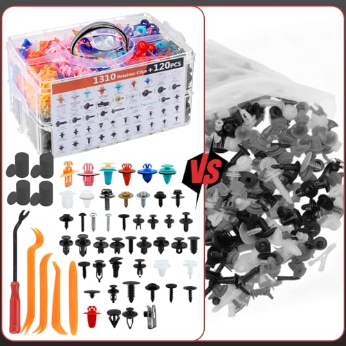 Image of 1430Pcs Car Interior & Exterior Retainer Clips - 47 Sizes Assorted Colorful Push Pins & Metal Screws. 3-Tier Box Auto Fastener Kit with Orange Pry Tools for Bumper Door (1430Pcs)