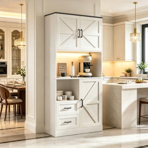 Image of 67.72 inch Tall Kitchen Pantry Cabinet with LED Light & Charging Station, Modern Kitchen Hutch with Microwave Stand, Countertop, Doors & Adjustable Storage Shelves