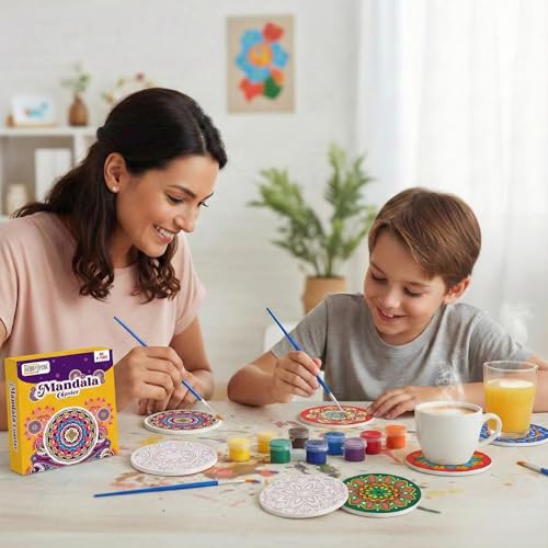 Image of HOBBY INDIA Rangoli Mandala Art Kit for Adults and Kids | DIY Tea Coaster Set of 6 with Painting Kit | Unique Art and Craft Kit Gift | Perfect Coaster for Office Desk, Dining Table Kitchen Decoration