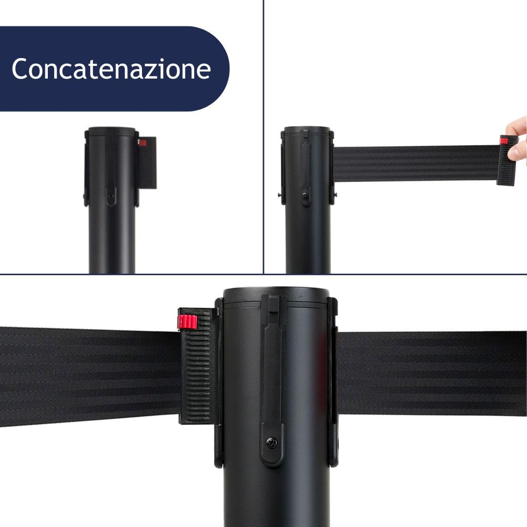 Danieli | Paletti delimitazione con nastro | Coppia di Colonnine Tendinastro Segnapercorso Nere | Delimita Corsie con Paletti Distanziatori con nastro da 3 metri NERO