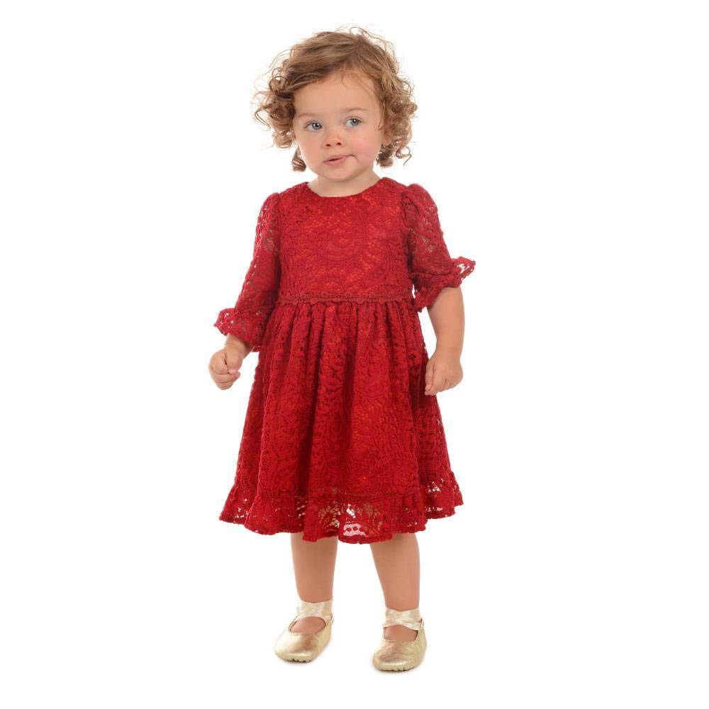 Pastourelle by Pippa & Julie Baby Girls 3/4 Sleeve Allover Lace Dress, Red, 12M
