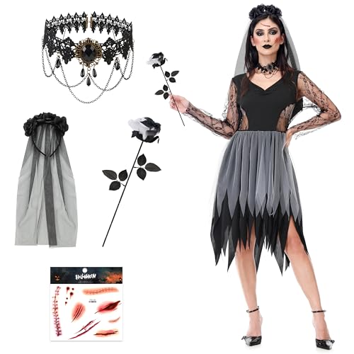 MOMOSTAR Halloween Disfraz Halloween Mujer Adulta, Disfraz Novia Cadaver Adulta Para Mujer Incluye Rosas, Velo, Collar Y Tatuajes Adhesivos