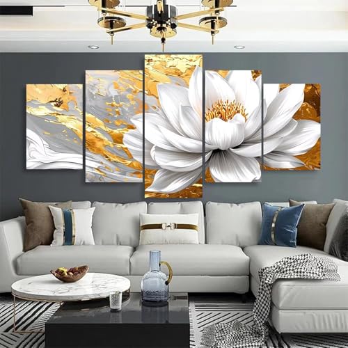 Broderie diamant 5D Mefooge pour salon moderne : grand format 5 pièces motif lotus F679 - 3