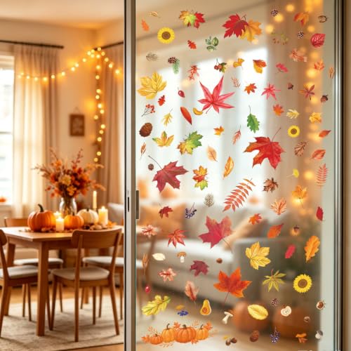 Image of Fall Window Clings 9 Sheets Thanksgiving Static Stickers for Glass Decor | Double-Sided Autumn Window Decals, Harvest Season Clings, Maple Leaves Pumpkins Decorations for Holiday Home Office Classroom