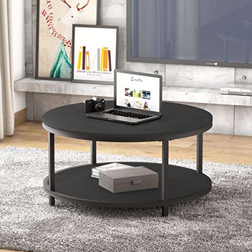 Image of NSdirect Round Coffee Table, 36 inch Rustic Wooden Surface Top & Sturdy Metal Legs Industrial Sofa Table for Living Room Modern Design Home Furniture with Storage Open Shelf (Black Oak)