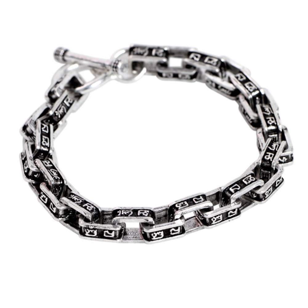 MIYUAN Retro Handmade 925 Sterling Silver Chunky Link Chain Bracelet Engraved with Buddhism Mantra Sanskrit Words