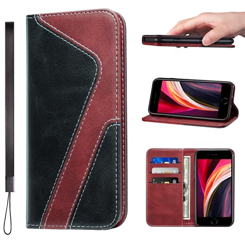 LANJLM iPhone 7 Plus/8 Plus Case PU Leather Wallet Case Card Holder Shockproof Flip Cover - Black red
