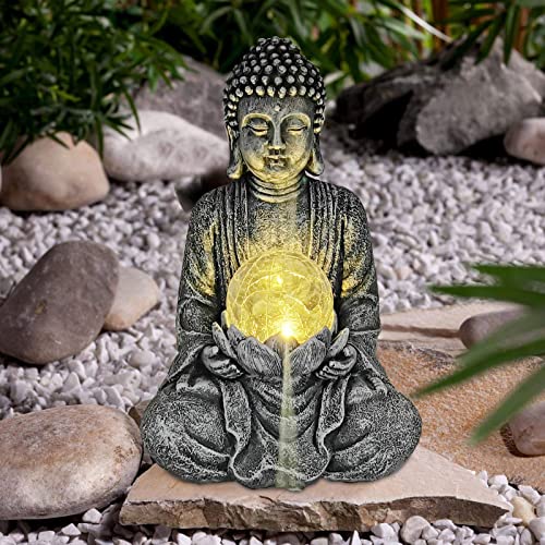 Nacome Meditating Buddha Statue With Solar Light,Zen Solar Garden Buddha With Cracked Glass Ball Sculpture-Indoor/Outdoor Decor For Balcony,Garden,Patio,Porch Yard Art Ornament,Gift thumb #2