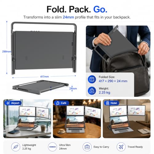 Image of DuoCreate 15 FHD 15.6 inch Premium Dual Portable Monitor Extender | 2x15.6 inch 1920x1080 IPS | 360 Rotation | USB-C & HDMI | Aluminum Alloy Foldable Stand | Eye Care | for 13-18.5 inch Mac & Windows