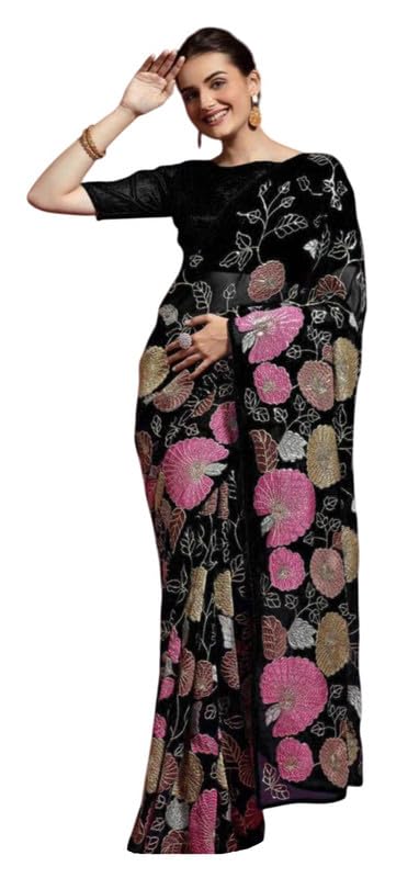 Sari de créateur pour femme brodé en georgette idéal pour mariages et fêtes