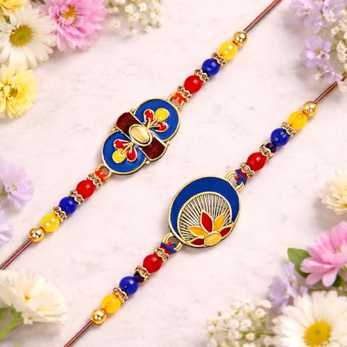 Image of Riddhika Ventures Stylish Kundan and AD Ring Rakhi (Set of 2) with Roli Chawal and Greeting Card || Raksha Bandhan Traditional Festive Gift (B1C1)