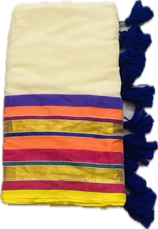 Image of Women's Mul Cotton Saree with Tassels | Soft Mulmul Saree | Woven Stripes & Zari Line | 5.5 Metres - Without Blouse