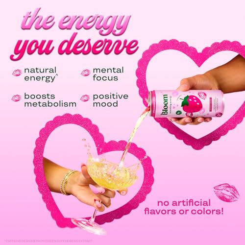 Image of Bloom Nutrition Sparkling Energy Drink - Natural Caffeine, Zero Sugar, 180mg Caffeine - Antioxidant-Rich with Green Coffee Bean, Green Tea Extract, Prebiotics - Strawberry Rose - 12 oz (12 Pack)