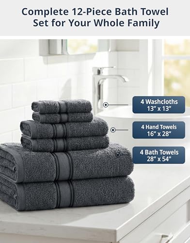 Image of Lane Linen Luxury Bath Towels Set - 12 Piece, 100% Cotton, Zero Twist, Super Soft & Absorbent, Includes 4 Bath Towels, 4 Hand Towels, 4 Washcloths - Cool Grey