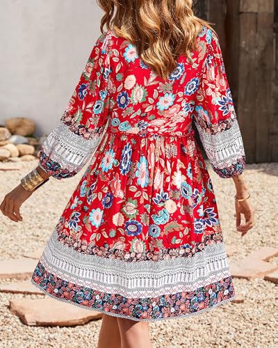 Image of BTFBM Women Casual Spring Summer Dresses V Neck 3 /4 Long Sleeve Ruffle Floral Flowy Boho Babydoll Mini Short Beach Dress
