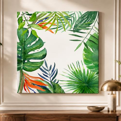 Image of PAINTINGMANTRA Tropical Green Leaves Stretched Canvas Wall Art Painting for wall decoration | Botanical Leaf Nature Inspired Painting for Living Room, Bedroom and Office, 22x22 Inch