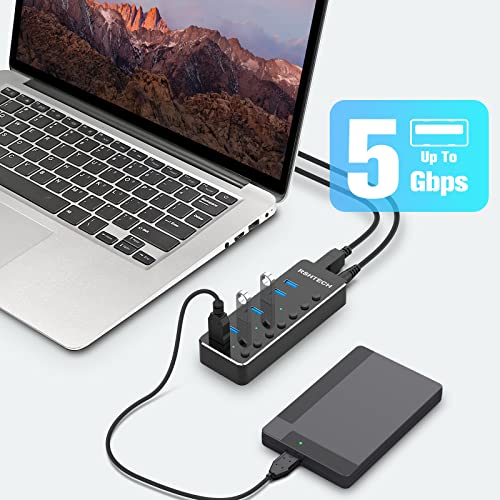 RSHTECH USB Hub 3.0 met 10 W (5V / 2A) Voeding, Aluminium 7-Poorts USB 3.0 Hub, USB 3.0-Poorts Verdeler voor Opladen en Gegevensoverdracht, met LED-Indicator en Individuele Schakelaar (RSH-518-2) - Afbeelding 3