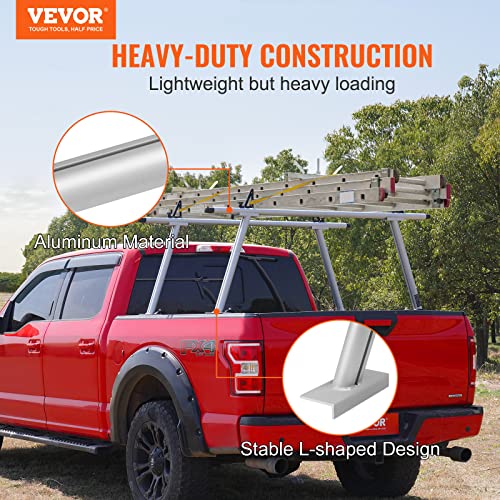 Image of VEVOR Truck Rack, 800 lbs Capacity, 71 inchx32 inch Aluminum Ladder Rack for Truck with 8 Non-Drilling C-Clamps, Heavy Duty Truck Bed Rack Two-Bar Set for Kayak, Surfboard, Lumber, Ladder