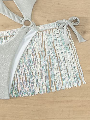 Wdirara Women's Sequin Fringe One Piece Cutout Swimsuit And Skirt Halter Rave Bathing Suit Silver S #TOP4