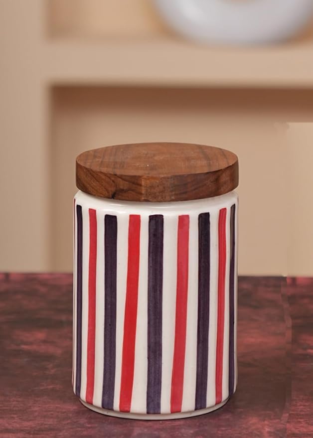 OCEAN STORE Airtight Ceramic Jar with Wooden Lid, 900ml, Cream, Square, Kitchen Container for Sugar, Tea, Salt, Pickles (Rainbow)