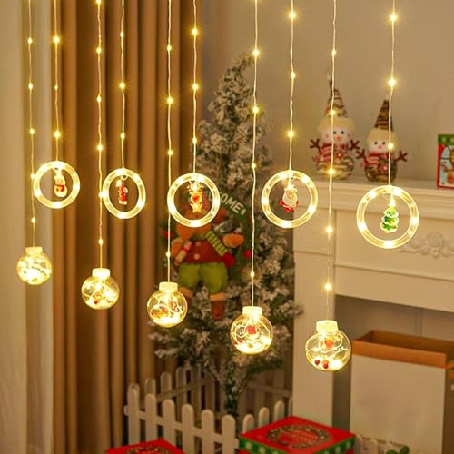 Image of HashWOW LED Curtain String Light Plastic Ring & Wishing Ball, Warm White Window Curtain Lights with 8 Flashing Modes Decoration for Christmas Party, New Year Home Decor, Patio Lawn (Plug Powered)